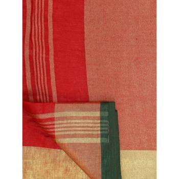 Red woven linen saree with blouse 5