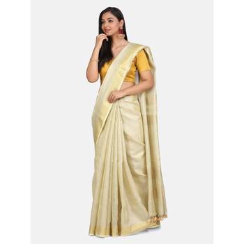 Golden hand woven linen saree with blouse 1