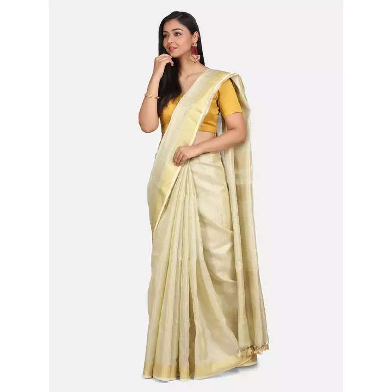 Golden hand woven linen saree with blouse