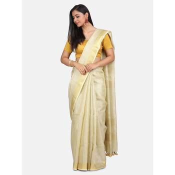 Golden hand woven linen saree with blouse 2