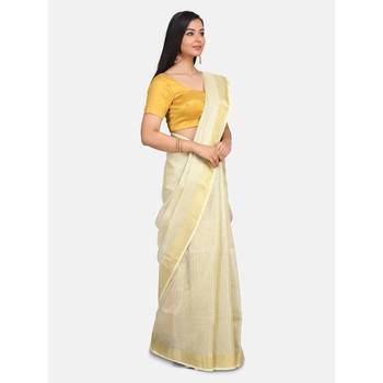 Golden hand woven linen saree with blouse 3