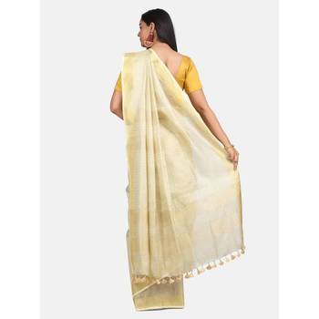 Golden hand woven linen saree with blouse 5