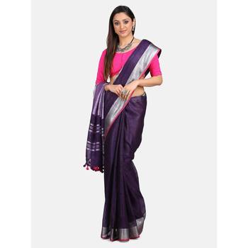 Blue hand woven linen saree with blouse 1