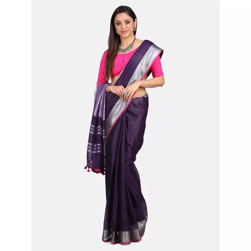 Blue hand woven linen saree with blouse