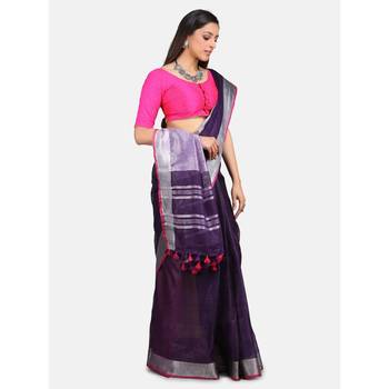 Blue hand woven linen saree with blouse 2