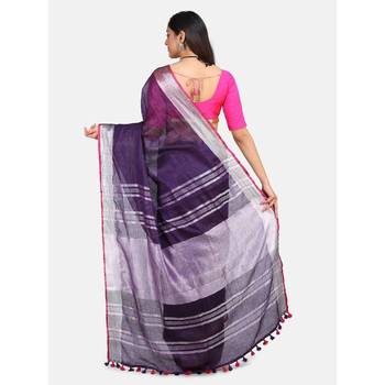 Blue hand woven linen saree with blouse 3