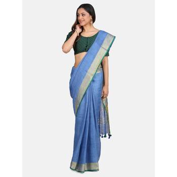 Blue hand woven linen saree with blouse 1