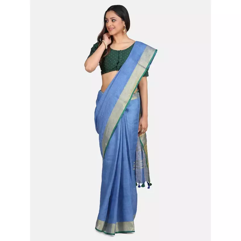 Blue hand woven linen saree with blouse
