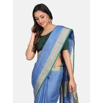 Blue hand woven linen saree with blouse 2