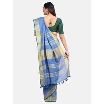 Blue hand woven linen saree with blouse 3