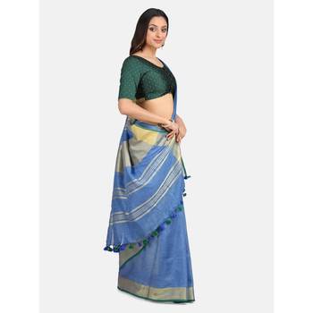 Blue hand woven linen saree with blouse 5