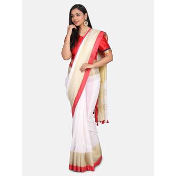 White hand woven linen saree with blouse 1