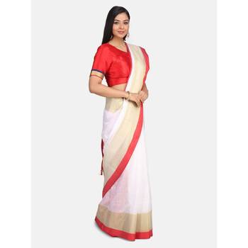 White hand woven linen saree with blouse 2