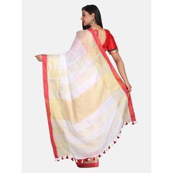 White hand woven linen saree with blouse 3