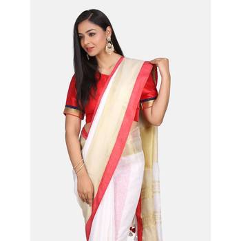 White hand woven linen saree with blouse 5