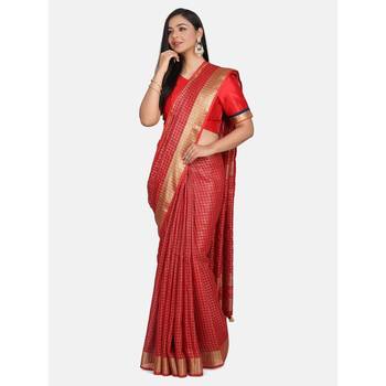 Red woven linen saree with blouse 1