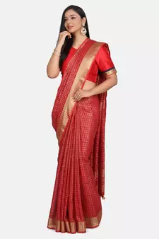 Red woven linen saree with blouse