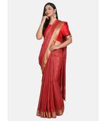 Red woven linen saree with blouse