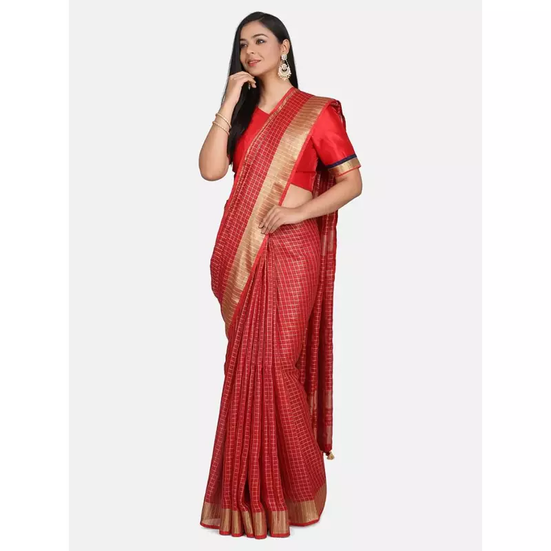 Red woven linen saree with blouse