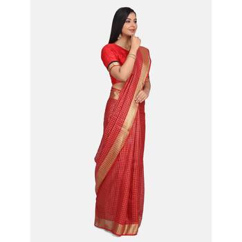 Red woven linen saree with blouse 2