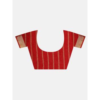 Red woven linen saree with blouse 4