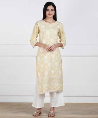 Beige Chikankari Embroidered Cotton Staright Kurti 1