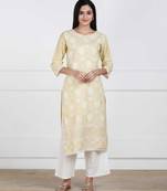 Beige Chikankari Embroidered Cotton Staright Kurti