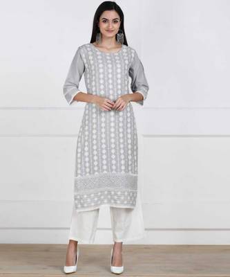 Grey Chikankari Embroidered Cotton Staright Kurti 1
