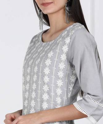 Grey Chikankari Embroidered Cotton Staright Kurti 3