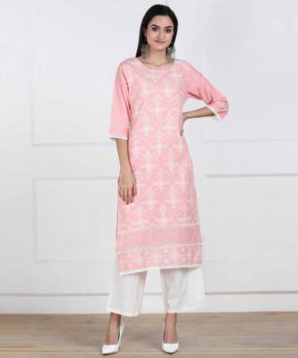 Pink Chikankari Embroidered Cotton Staright Kurti 1