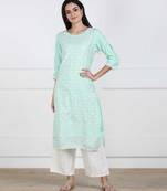 Sky Blue Chikankari Embroidered Cotton Staright Kurti