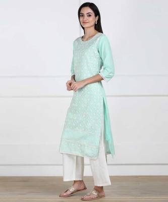 Sky Blue Chikankari Embroidered Cotton Staright Kurti 3