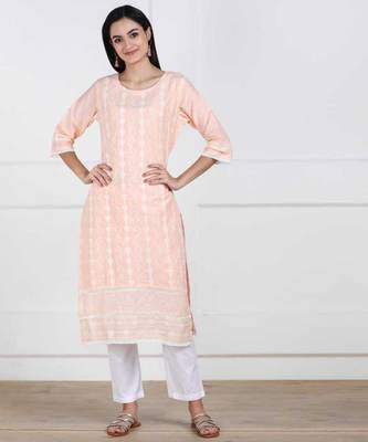 Peach Chikankari Embroidered Cotton Staright Kurti 1