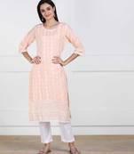 Peach Chikankari Embroidered Cotton Staright Kurti