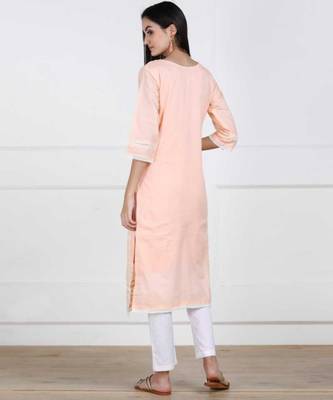 Peach Chikankari Embroidered Cotton Staright Kurti 2