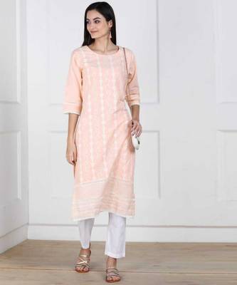 Peach Chikankari Embroidered Cotton Staright Kurti 5