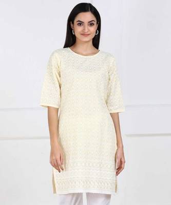 Beige Chikankari Embroidered poly-Cotton Staright Kurti 1