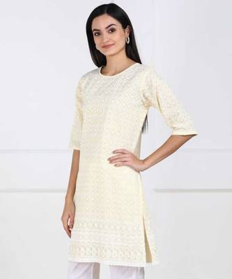 Beige Chikankari Embroidered poly-Cotton Staright Kurti 3