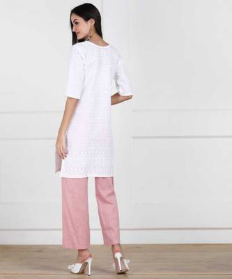 White Chikankari Embroidered poly-Cotton Staright Kurti 2