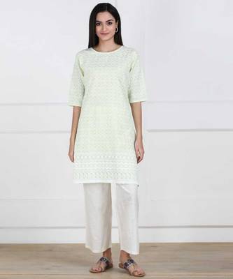 Light Green Chikankari Embroidered poly-Cotton Staright Kurti 1
