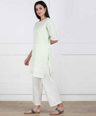 Light Green Chikankari Embroidered poly-Cotton Staright Kurti 3