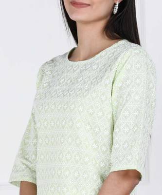 Light Green Chikankari Embroidered poly-Cotton Staright Kurti 4