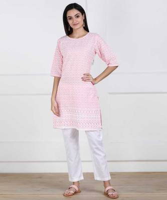 Pink Chikankari Embroidered poly-Cotton Staright Kurti 1