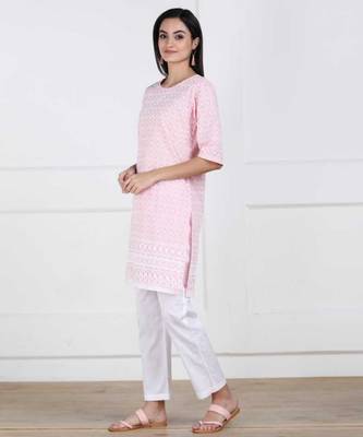 Pink Chikankari Embroidered poly-Cotton Staright Kurti 3