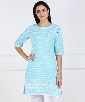 Sky Blue Chikankari Embroidered poly-Cotton Staright Kurti 1