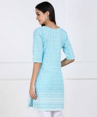 Sky Blue Chikankari Embroidered poly-Cotton Staright Kurti 2