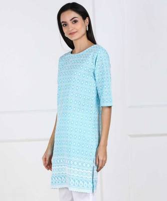 Sky Blue Chikankari Embroidered poly-Cotton Staright Kurti 3