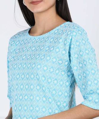 Sky Blue Chikankari Embroidered poly-Cotton Staright Kurti 4