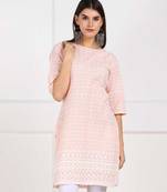 Peach Chikankari Embroidered poly-Cotton Staright Kurti
