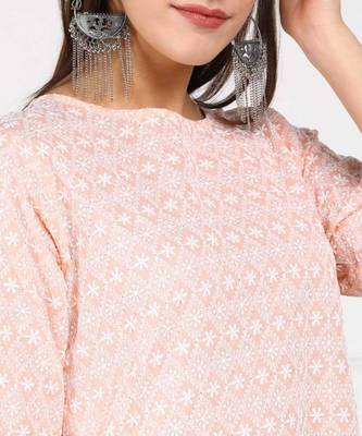 Peach Chikankari Embroidered poly-Cotton Staright Kurti 4